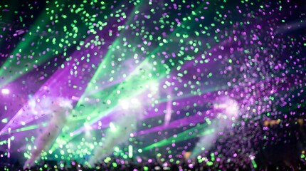 Vibrant Green and Purple Party Lights with Confetti Bokeh