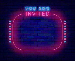 You are invited neon banner. Upcoming event advertising. Space for text. Night show and sale. Party, festival, performance greeting card. Empty vintage frame. Glowing poster. Vector stock illustration