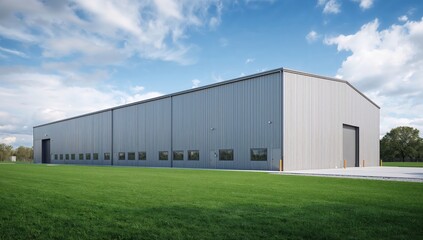 Fototapeta premium Modern steel warehouse building standing in open area with grass and blue sky background