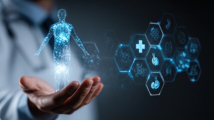 Doctor holding a glowing digital human body hologram with medical icons in the background