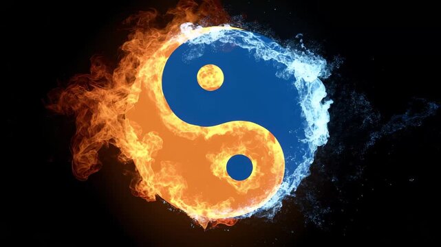 Yin yang symbol created with swirling fire and water elements representing balance and harmony in nature and philosophy