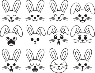 Set of Various Cartoon Bunny Heads with Different Facial Expressions