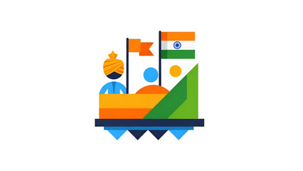 Obraz premium Colorful abstract illustration of a cultural landscape with flags and geometric shapes, representing travel, heritage, and national identity.