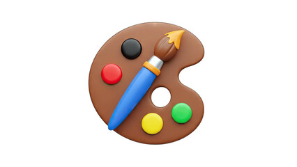 3D Paint Palette and Brush on White Background