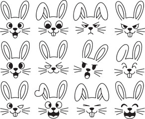 Cartoon Bunny Faces with Various Emotions