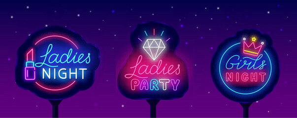 Ladies night neon street billboard collection. Glowing outdoor advertising. Girls night. Glowing signs. Free enter for female. Banner with diamond and crown. Shiny invitation. Vector illustration