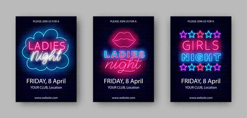 Ladies only neon posters with stars and lips. Girls night vertical template flyers. Free enter for female. Glowing banners. Shiny invitation. Editable stroke. Vector stock illustration