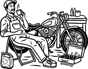 A relaxed mechanic enjoying a cup of coffee in a vintage garage beside his custom motorcycle and tools.