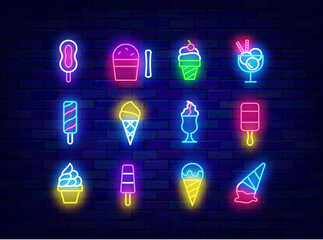 Ice cream neon symbols collection. Melting milky product. Various types of sweet cold desserts. Ice cream on stick, in glass and corn. Glowing candy shop. Vector stock illustration