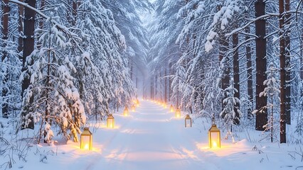 Enchanting winter forest path illuminated by golden lanterns at dusk