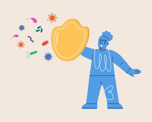 Girl holding shield covering from germs or viruses attack. Colorful vector illustration