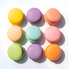 a close-up top-down view of six colorful macarons
