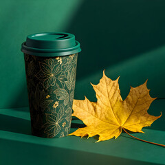 a coffee cup with a dark green elaborate botanic design