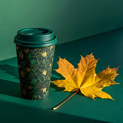a coffee cup with a dark green elaborate botanic design