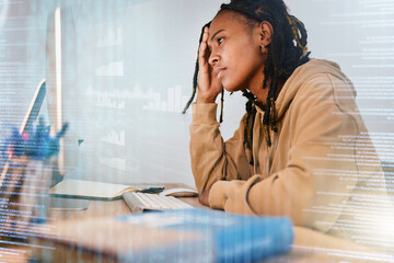 Computer, stress and black woman reading data, online summary or infographic about information...