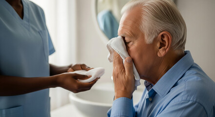 Elderly man receiving assistance with hygiene from a caregiver, focusing on personal care and comfort in a domestic setting