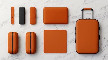 Stylish orange travel accessories on marble surface.