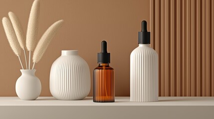 Stylish home decor with vases and dropper bottles.