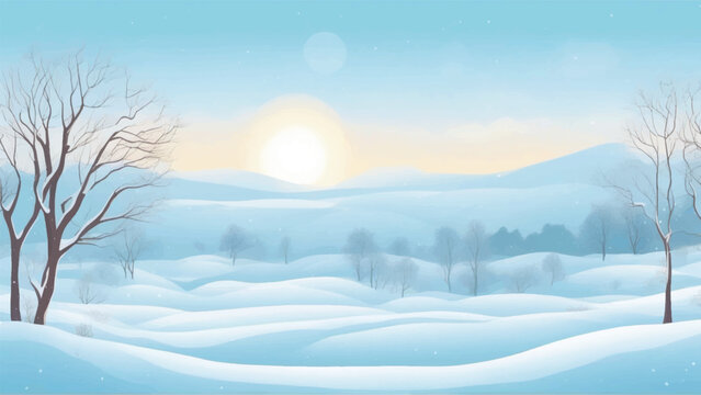 A comprehensive illustration of a flat landscape characterized by a snowy background, extensive snowdrifts, and continuous snowfall. Flat winter landscape with snowy mountains, woods, spruce trees - Powered by Adobe