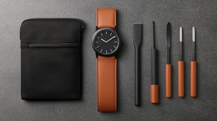 Stylish watch with tools and pouch arrangement