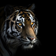 a dramatic close-up of a tiger's face, half exposed