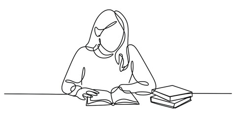 Continuous line drawing of person reading books Vector, illustration