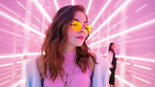 Young woman taking a selfie in a modern pink light setting during a vibrant day, showcasing a fun and trendy atmosphere