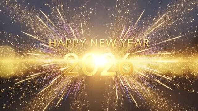 Happy New Year 2026 Celebration Video with Luxury Golden Text and Colorful Fireworks Burst on Dark Background for Festive Countdown, Holiday Greeting and Event Intro