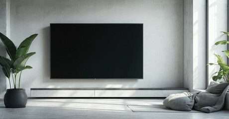Fototapeta premium Minimalist interior. Gray tones dominate room. Large screen television mounted on wall. Plants add life, soft seating present.