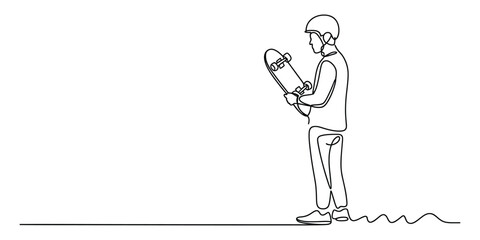Continuous line drawing of person holding skateboard Vector, illustration © Icon_gallery