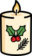 Festive Christmas Candle with Holly and Pine Branch Illustration.