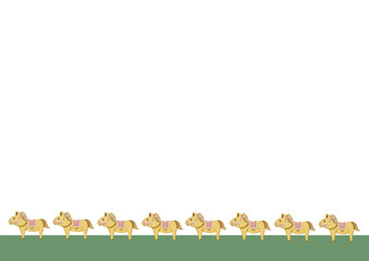 草原で並んで歩く馬のカラーイラスト
