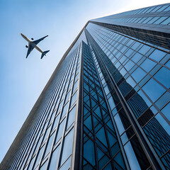 airplane reflecting on blue skyscraper