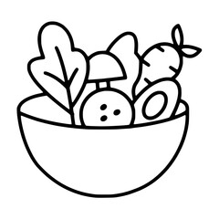 Handmade Outline healthy food bowl icon with vegetables for nutrition concept