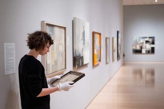 Caucasian young adult woman wearing gloves examining framed artwork while standing in modern art gallery, surrounded by abstract paintings displayed on walls