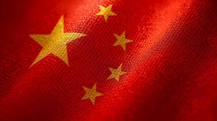 Macro close-up of the Chinese national flag fabric, showing detailed red textile texture and golden stars with soft lighting. Ideal for politics, culture, and international themes.