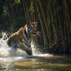 a majestic Siberian tiger in mid-leap, charging forward