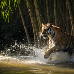 a majestic Siberian tiger in mid-leap, charging forward