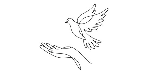 Continuous line drawing: dove flying from hand Vector, illustration