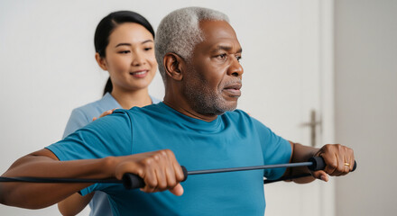 Focused senior man performs resistance band exercises with a supportive young female physical therapist, boosting strength, rehabilitation, and active aging