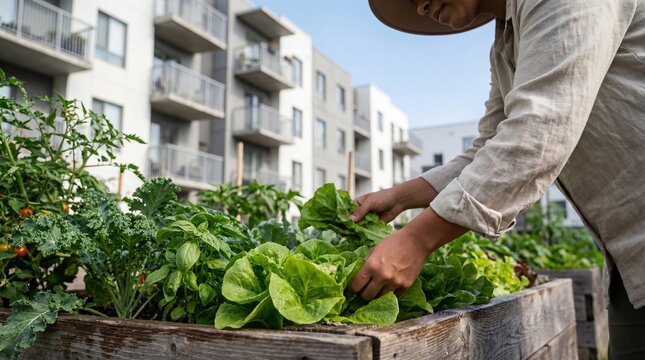 Person harvesting fresh lettuce from a raised rooftop garden outside modern apartment buildings