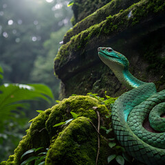 a mesmerizing viper snake with iridescent emerald scales