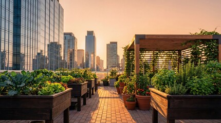 Fototapeta premium Rooftop vegetable garden with wooden raised beds and pergola overlooking city skyline at sunset