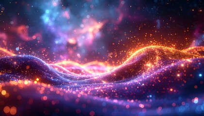 Fototapeta premium Glowing waves of purple and orange light flow beneath a cosmic sky filled with glittering stars
