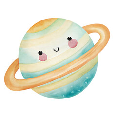 Cute Watercolor Saturn Planet Illustration with Pastel Rings and Smiling Face © ThemeRage