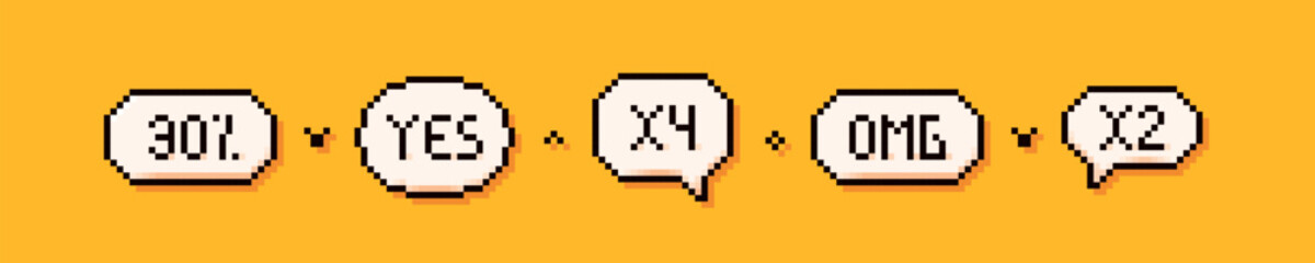 Pixel art 5 speech bubbles: 30 percent, yes, x4, omg and x2 words on yellow background.