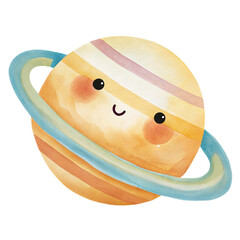 Cute Watercolor Saturn Planet Character with Soft Pastel Rings Illustration © ThemeRage