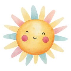 Cute Watercolor Sun with Smiling Face and Pastel Rays Isolated on Black Background for Kids Design
