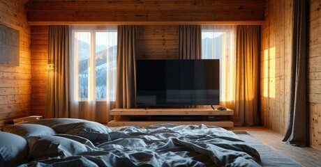 Fototapeta premium Cozy bedroom interior. Wooden walls, soft bedding, window views mountains. Warm lighting creates relaxing atmosphere. Simple, modern design.