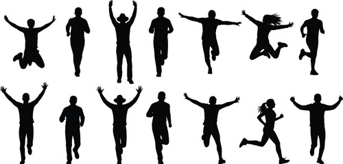 Active people silhouettes jumping and running in various poses isolated on white background fitness, freedom, energy concept celebration, motion, lifestyle